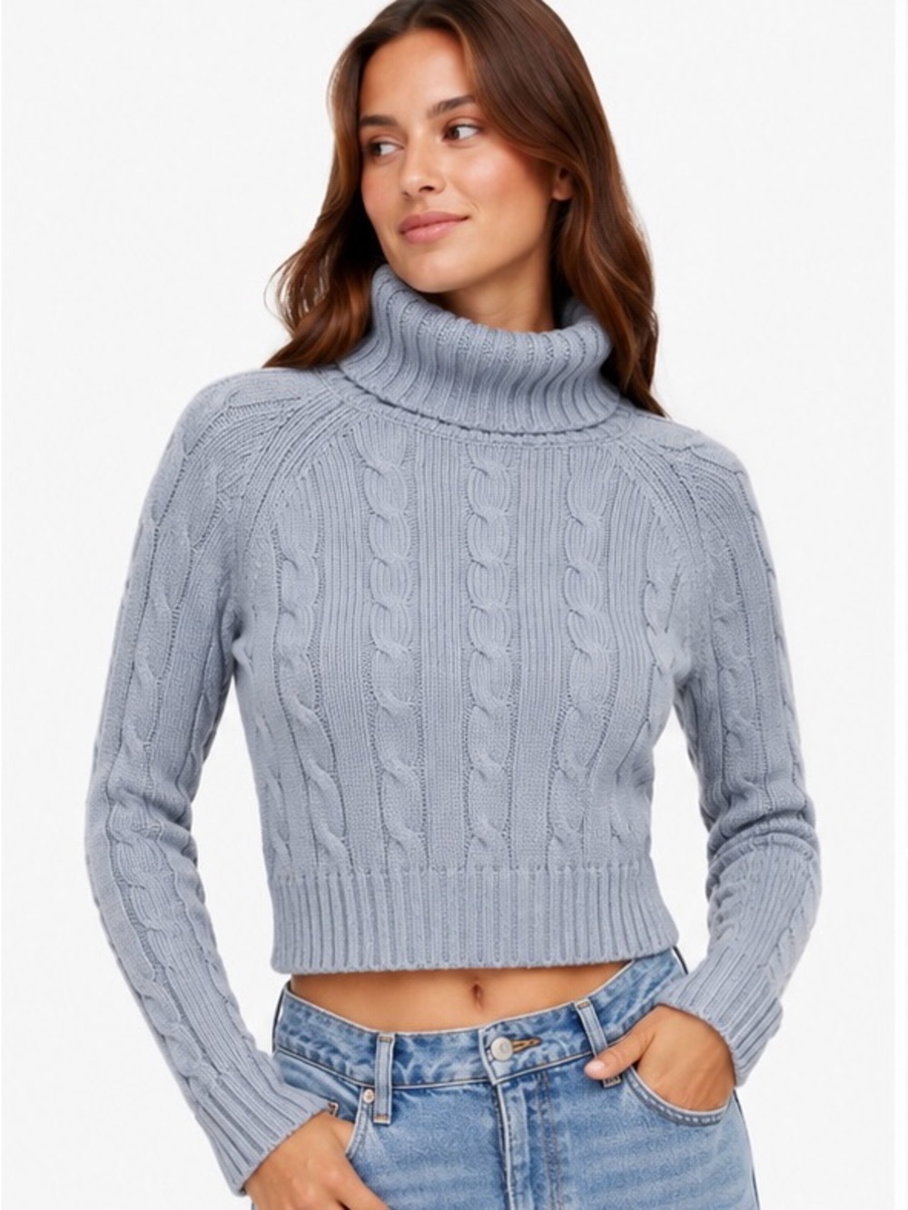 Sunday Best by Aritzia Cable Knit Cropped Turtleneck Sweater XS | Soft Gray-Blue